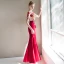 Chinese style Red See-through Evening Dresses  2019 Trumpet / Mermaid Scoop Neck Short Sleeve Embroidered Flower Floor-Length / Long Ruffle Formal Dresses