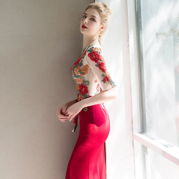 Chinese style Red See-through Evening Dresses 2019 Trumpet / Mermaid Scoop Neck Short Sleeve Embroidered Flower Floor-Length / Long Ruffle Formal Dresses