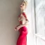 Chinese style Red See-through Evening Dresses  2019 Trumpet / Mermaid Scoop Neck Short Sleeve Embroidered Flower Floor-Length / Long Ruffle Formal Dresses