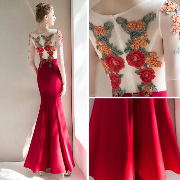 Chinese style Red See-through Evening Dresses 2019 Trumpet / Mermaid Scoop Neck Short Sleeve Embroidered Flower Floor-Length / Long Ruffle Formal Dresses