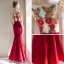 Chinese style Red See-through Evening Dresses  2019 Trumpet / Mermaid Scoop Neck Short Sleeve Embroidered Flower Floor-Length / Long Ruffle Formal Dresses