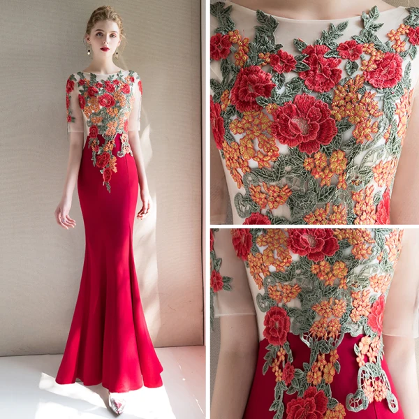 Chinese style Red See-through Evening Dresses 2019 Trumpet / Mermaid Scoop Neck Short Sleeve Embroidered Flower Floor-Length / Long Ruffle Formal Dresses