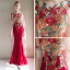 Chinese style Red See-through Evening Dresses  2019 Trumpet / Mermaid Scoop Neck Short Sleeve Embroidered Flower Floor-Length / Long Ruffle Formal Dresses