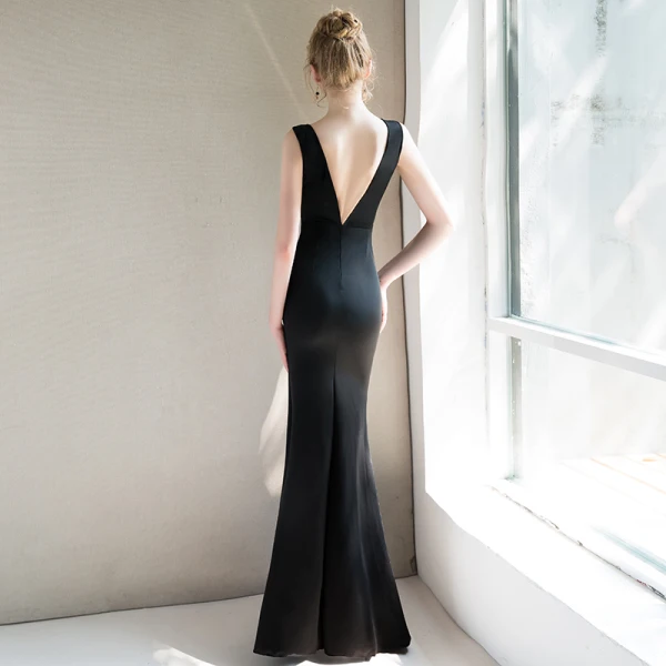 Modern / Fashion Sexy Black Evening Dresses 2019 Trumpet / Mermaid V-Neck Sleeveless Beading Split Front Floor-Length / Long Backless Formal Dresses