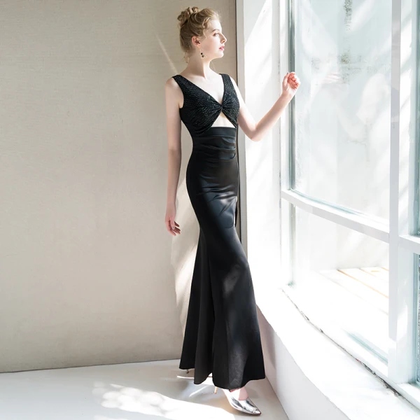 Modern / Fashion Sexy Black Evening Dresses 2019 Trumpet / Mermaid V-Neck Sleeveless Beading Split Front Floor-Length / Long Backless Formal Dresses