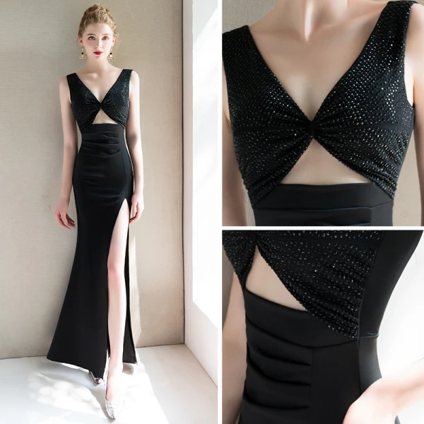 Modern / Fashion Sexy Black Evening Dresses 2019 Trumpet / Mermaid V-Neck Sleeveless Beading Split Front Floor-Length / Long Backless Formal Dresses