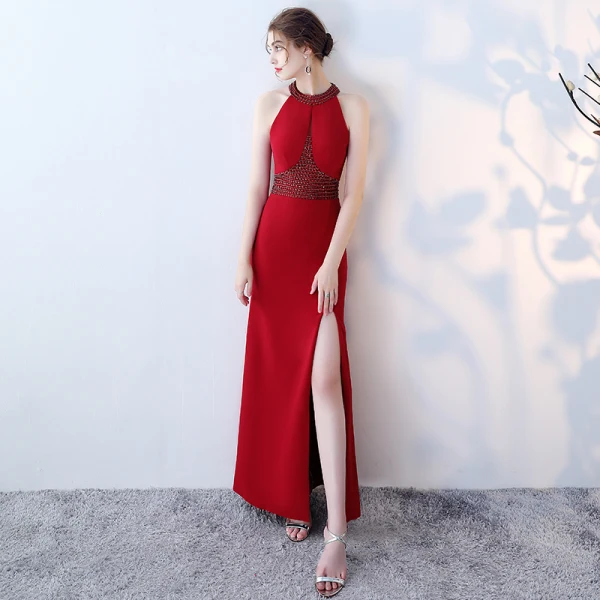 Modern / Fashion Burgundy Evening Dresses 2019 Trumpet / Mermaid Halter Sleeveless Beading Split Front Floor-Length / Long Backless Formal Dresses