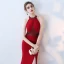 Modern / Fashion Burgundy Evening Dresses  2019 Trumpet / Mermaid Halter Sleeveless Beading Split Front Floor-Length / Long Backless Formal Dresses
