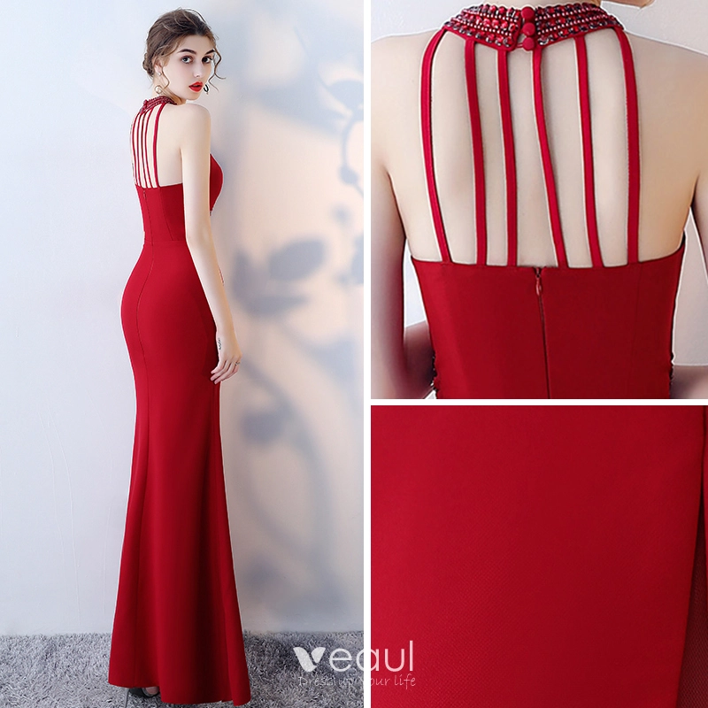 Plunge Neck Halter Backless Trumpet Bridesmaid Dress With Front Slit In  Burgundy