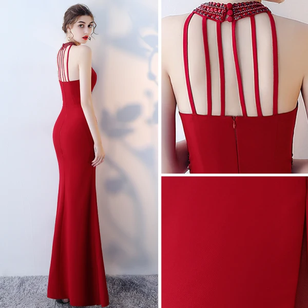 Modern / Fashion Burgundy Evening Dresses 2019 Trumpet / Mermaid Halter Sleeveless Beading Split Front Floor-Length / Long Backless Formal Dresses