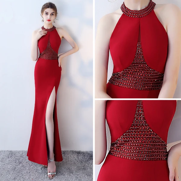 Modern / Fashion Burgundy Evening Dresses 2019 Trumpet / Mermaid Halter Sleeveless Beading Split Front Floor-Length / Long Backless Formal Dresses