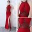 Modern / Fashion Burgundy Evening Dresses  2019 Trumpet / Mermaid Halter Sleeveless Beading Split Front Floor-Length / Long Backless Formal Dresses