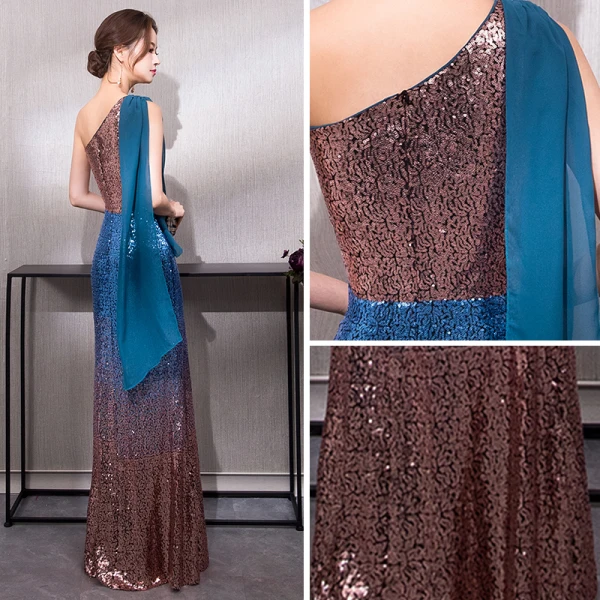 Bling Bling Bleu D'encre Paillettes Robe De Soirée 2019 Trompette / Sirène Une épaule Sans Manches Longue Volants Robe De Ceremonie