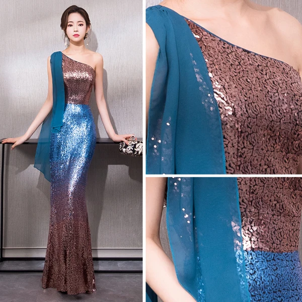 Bling Bling Bleu D'encre Paillettes Robe De Soirée 2019 Trompette / Sirène Une épaule Sans Manches Longue Volants Robe De Ceremonie