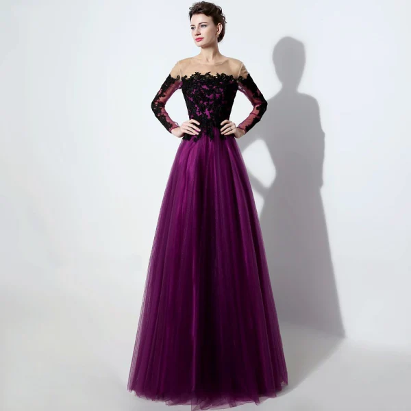 Élégant Violet Transparentes Robe De Bal 2019 Princesse Encolure Dégagée Manches Longues Appliques En Dentelle Longue Volants Dos Nu Robe De Ceremonie