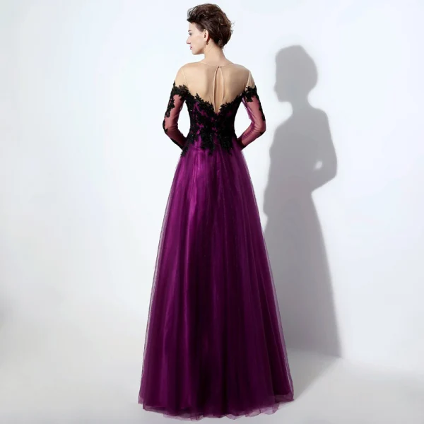 Élégant Violet Transparentes Robe De Bal 2019 Princesse Encolure Dégagée Manches Longues Appliques En Dentelle Longue Volants Dos Nu Robe De Ceremonie