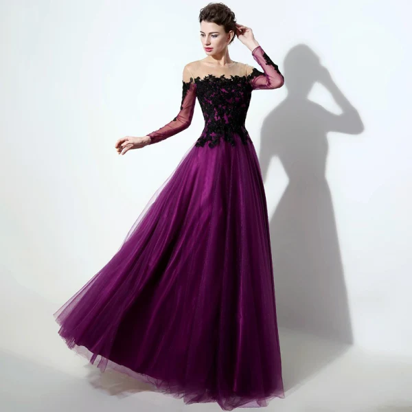 Élégant Violet Transparentes Robe De Bal 2019 Princesse Encolure Dégagée Manches Longues Appliques En Dentelle Longue Volants Dos Nu Robe De Ceremonie