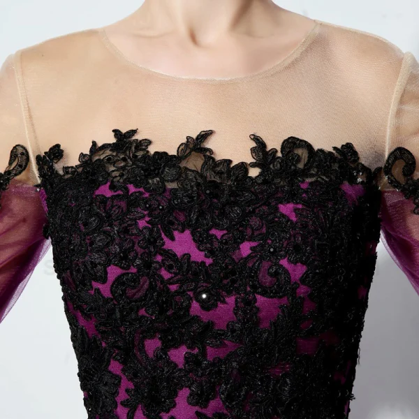 Élégant Violet Transparentes Robe De Bal 2019 Princesse Encolure Dégagée Manches Longues Appliques En Dentelle Longue Volants Dos Nu Robe De Ceremonie