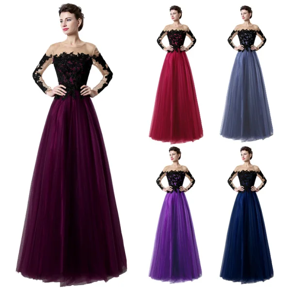 Élégant Violet Transparentes Robe De Bal 2019 Princesse Encolure Dégagée Manches Longues Appliques En Dentelle Longue Volants Dos Nu Robe De Ceremonie