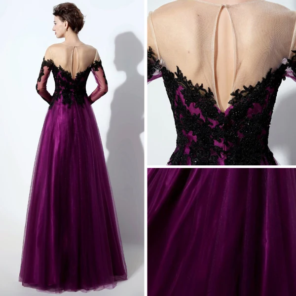 Élégant Violet Transparentes Robe De Bal 2019 Princesse Encolure Dégagée Manches Longues Appliques En Dentelle Longue Volants Dos Nu Robe De Ceremonie