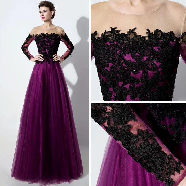 Élégant Violet Transparentes Robe De Bal 2019 Princesse Encolure Dégagée Manches Longues Appliques En Dentelle Longue Volants Dos Nu Robe De Ceremonie
