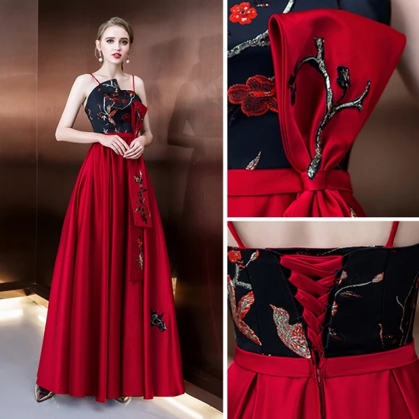 Modest / Simple Burgundy Evening Dresses  2019 A-Line / Princess Spaghetti Straps Sleeveless Embroidered Floor-Length / Long Ruffle Backless Formal Dresses