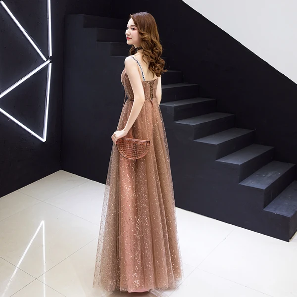 Modern / Fashion Champagne Evening Dresses 2019 A-Line / Princess Sleeveless Shoulders Glitter Sequins Floor-Length / Long Ruffle Backless Formal Dresses