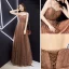 Modern / Fashion Champagne Evening Dresses  2019 A-Line / Princess Sleeveless Shoulders Glitter Sequins Floor-Length / Long Ruffle Backless Formal Dresses