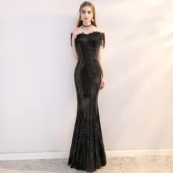 Bling Bling Black Sequins Evening Dresses 2019 Trumpet Mermaid Off The Shoulder Short Sleeve Tassel Floor Length Long Formal Dresses
