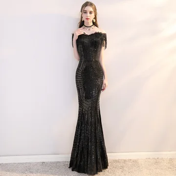 Bling Bling Black Sequins Evening Dresses 2019 Trumpet Mermaid Off The Shoulder Short Sleeve Tassel Floor Length Long Formal Dresses