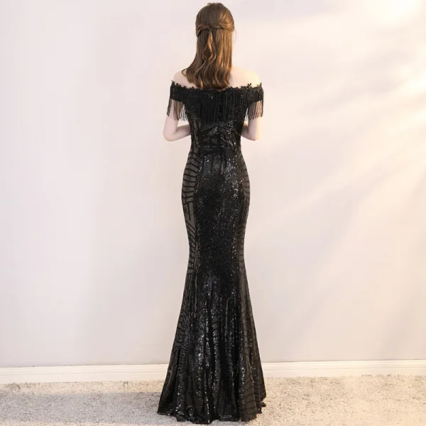 Bling Bling Black Sequins Evening Dresses 2019 Trumpet / Mermaid Off-The-Shoulder Short Sleeve Tassel Floor-Length / Long Formal Dresses