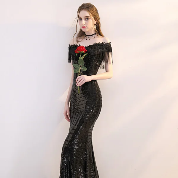 Bling Bling Black Sequins Evening Dresses 2019 Trumpet / Mermaid Off-The-Shoulder Short Sleeve Tassel Floor-Length / Long Formal Dresses