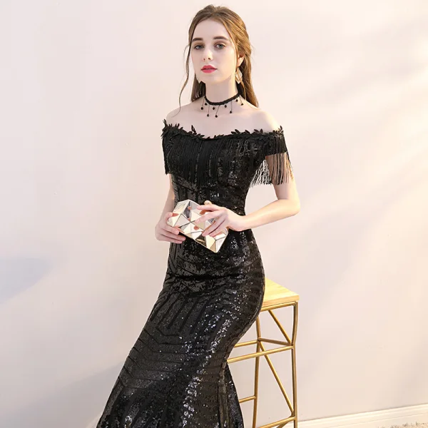 Bling Bling Black Sequins Evening Dresses 2019 Trumpet / Mermaid Off-The-Shoulder Short Sleeve Tassel Floor-Length / Long Formal Dresses