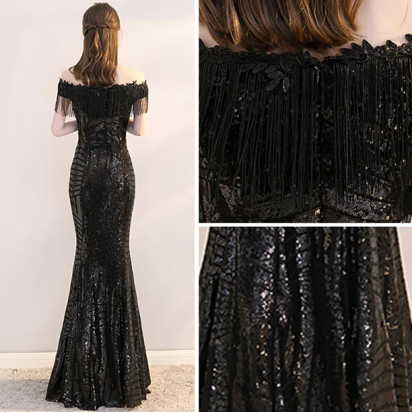 Bling Bling Black Sequins Evening Dresses 2019 Trumpet / Mermaid Off-The-Shoulder Short Sleeve Tassel Floor-Length / Long Formal Dresses