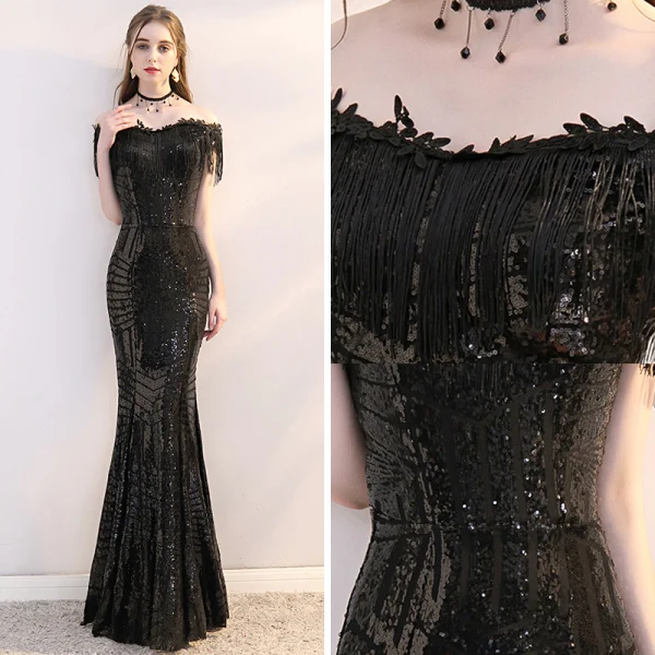 Bling Bling Black Sequins Evening Dresses 2019 Trumpet / Mermaid Off-The-Shoulder Short Sleeve Tassel Floor-Length / Long Formal Dresses