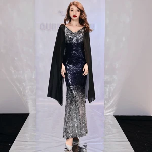 Abordable Argenté Paillettes Robe De Soirée 2019 Trompette Sirène V Cou Manches Longues Longueur Cheville Dos Nu Robe De Ceremonie