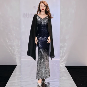 Abordable Argenté Paillettes Robe De Soirée 2019 Trompette Sirène V Cou Manches Longues Longueur Cheville Dos Nu Robe De Ceremonie
