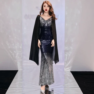 Abordable Argenté Paillettes Robe De Soirée 2019 Trompette Sirène V Cou Manches Longues Longueur Cheville Dos Nu Robe De Ceremonie