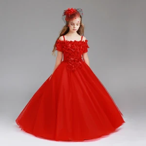 Chic Belle Rouge Robe Ceremonie Fille 2017 Robe Boule De L Épaule Manches Courtes Appliques Fleur Perle Longue Volants Robe Pour Mariage
