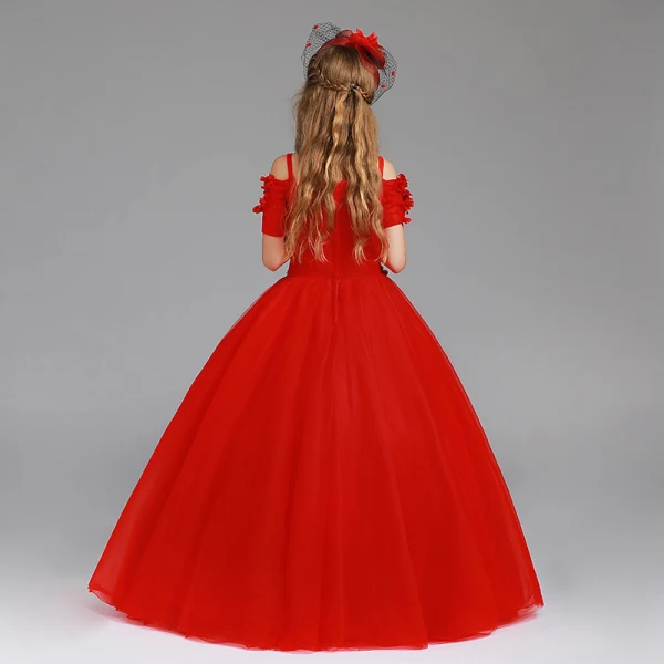 Chic / Beautiful Red Flower Girl Dresses 2017 Ball Gown Off-The-Shoulder Short Sleeve Appliques Flower Pearl Floor-Length / Long Ruffle Wedding Party Dresses