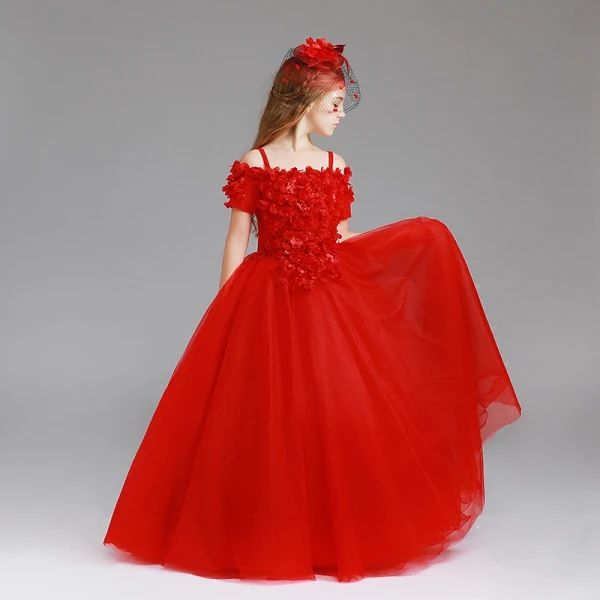 Chic / Beautiful Red Flower Girl Dresses 2017 Ball Gown Off-The-Shoulder Short Sleeve Appliques Flower Pearl Floor-Length / Long Ruffle Wedding Party Dresses