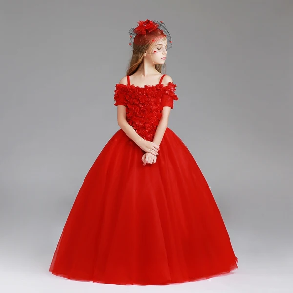 Chic / Beautiful Red Flower Girl Dresses 2017 Ball Gown Off-The-Shoulder Short Sleeve Appliques Flower Pearl Floor-Length / Long Ruffle Wedding Party Dresses