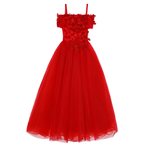 Chic / Beautiful Red Flower Girl Dresses 2017 Ball Gown Off-The-Shoulder Short Sleeve Appliques Flower Pearl Floor-Length / Long Ruffle Wedding Party Dresses