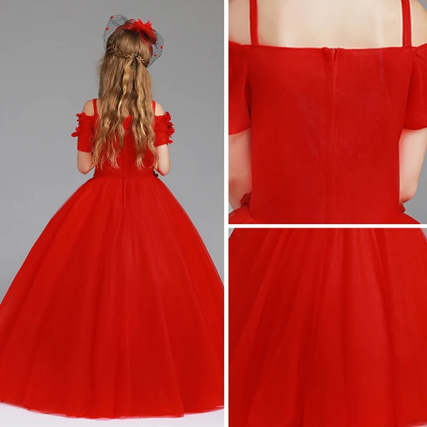 Chic / Beautiful Red Flower Girl Dresses 2017 Ball Gown Off-The-Shoulder Short Sleeve Appliques Flower Pearl Floor-Length / Long Ruffle Wedding Party Dresses