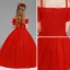 Chic / Beautiful Red Flower Girl Dresses 2017 Ball Gown Off-The-Shoulder Short Sleeve Appliques Flower Pearl Floor-Length / Long Ruffle Wedding Party Dresses