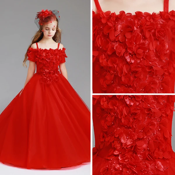 Chic / Beautiful Red Flower Girl Dresses 2017 Ball Gown Off-The-Shoulder Short Sleeve Appliques Flower Pearl Floor-Length / Long Ruffle Wedding Party Dresses