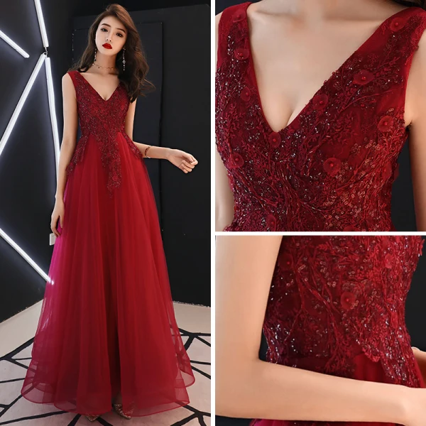 Chic / Belle Bordeaux Robe De Soirée 2019 Princesse V-Cou Sans Manches Appliques En Dentelle Paillettes Perlage Longue Volants Dos Nu Robe De Ceremonie