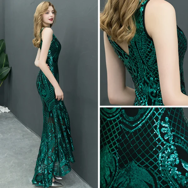 Sexy Dunkelgrün Pailletten Abendkleider 2019 Meerjungfrau V-Ausschnitt Ärmellos Asymmetrisch Rüschen Rückenfreies Festliche Kleider