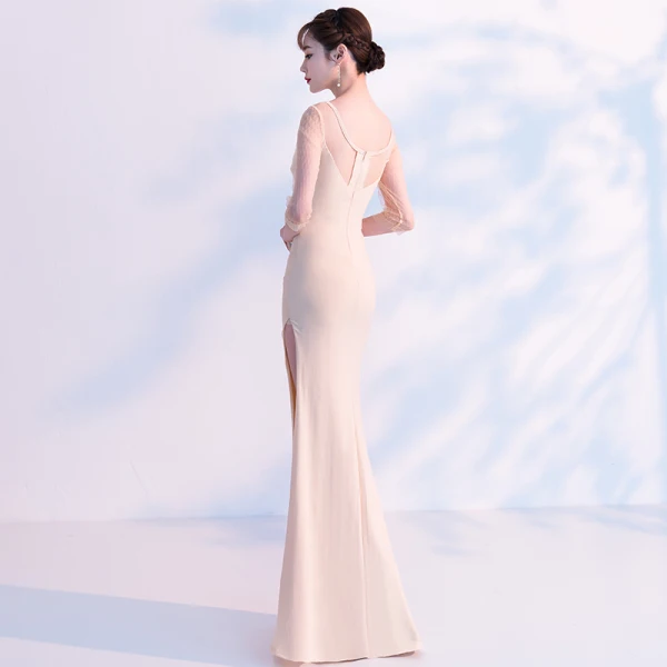Modern / Fashion Champagne See-through Evening Dresses 2019 Trumpet / Mermaid V-Neck Long Sleeve Split Front Floor-Length / Long Ruffle Backless Formal Dresses