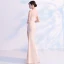Modern / Fashion Champagne See-through Evening Dresses  2019 Trumpet / Mermaid V-Neck Long Sleeve Split Front Floor-Length / Long Ruffle Backless Formal Dresses